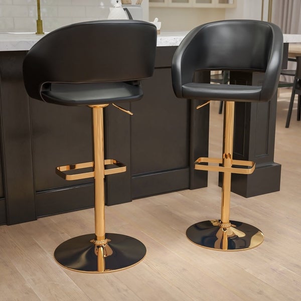 Erik Contemporary Black Vinyl Adjustable Height Barstool with Rounded Mid-Back and Gold Base， Set of 2 - black?