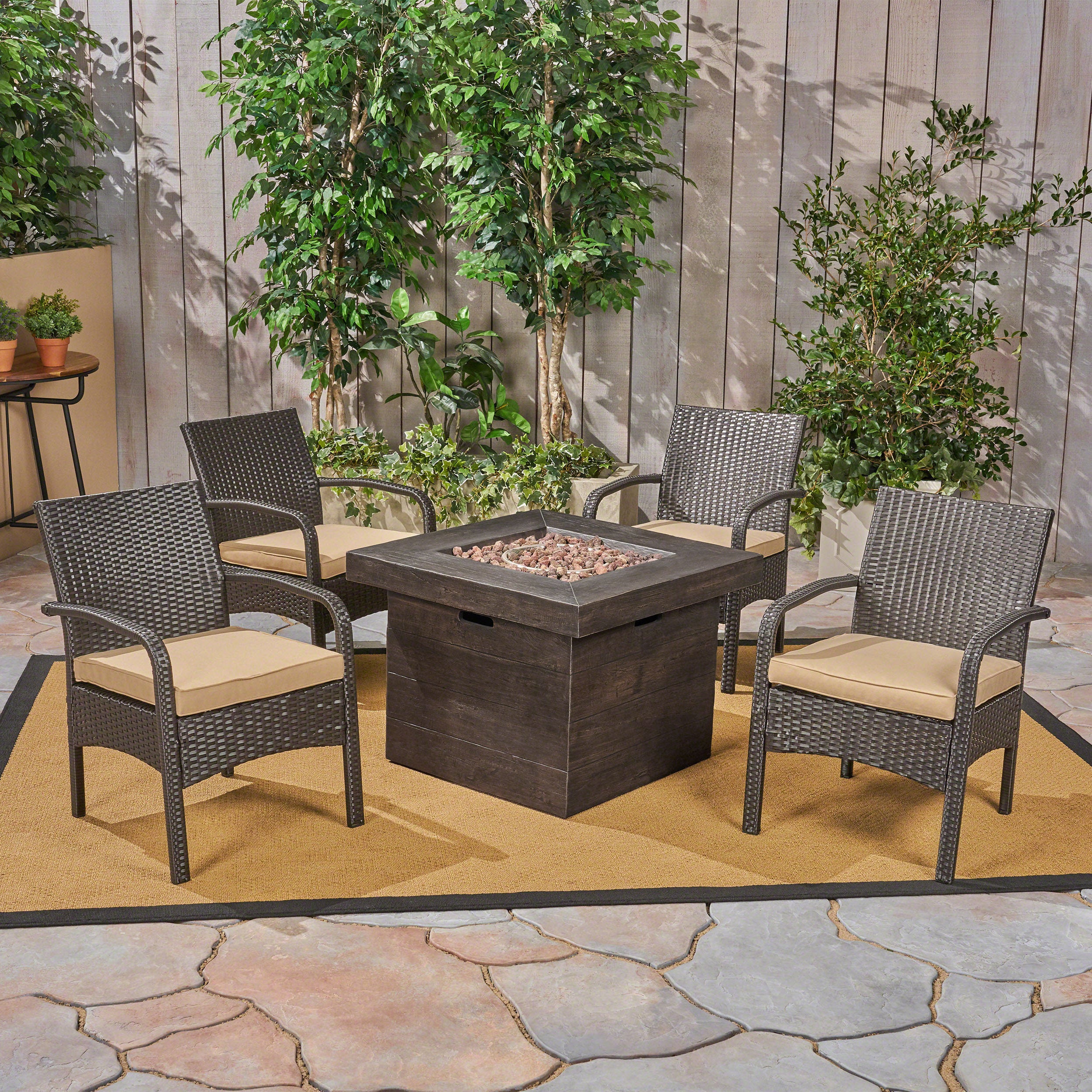 Meroy Patio Fire Pit Set, 4-Seater with Club Chairs, Wicker with Outdoor Cushions