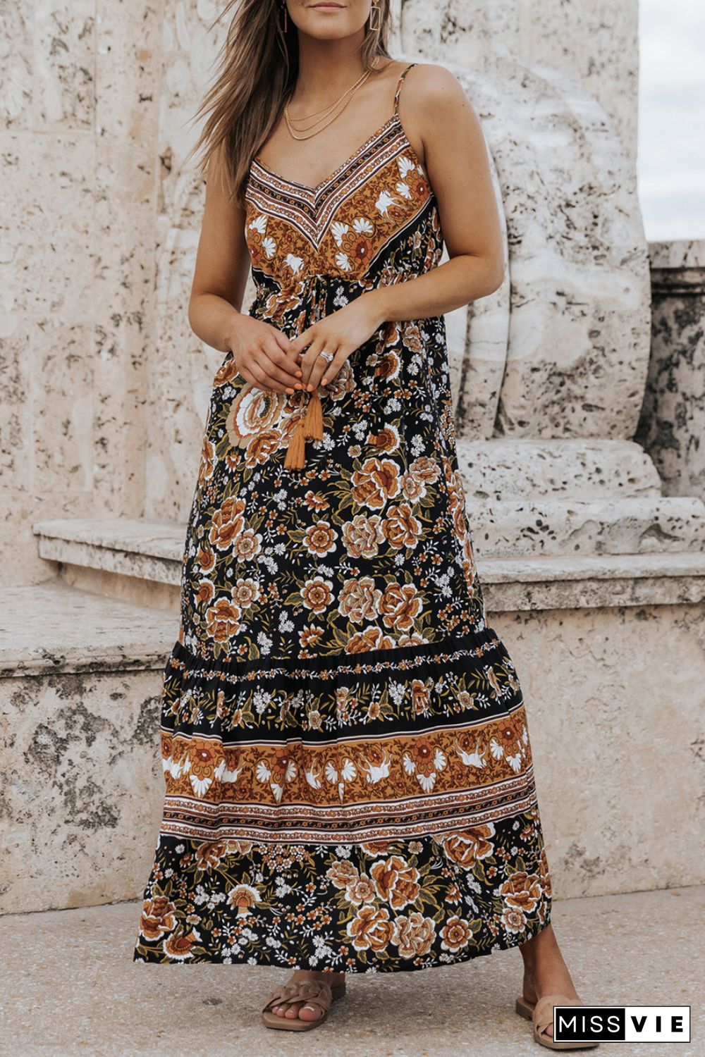 Black Retro Boho Floral Tassel Tie Maxi Dress