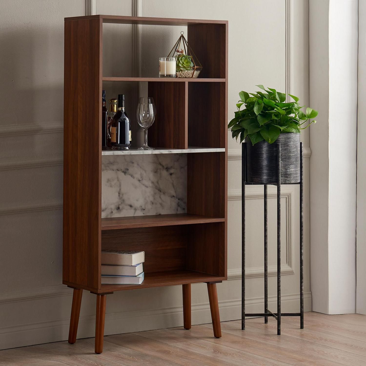 Versanora Kingston Wooden Bookcase with Faux-Marble Accents， Marble/Walnut