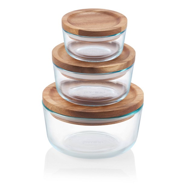 Pyrex 6pc Glass Round Food Storage Container Set With Wooden Lids