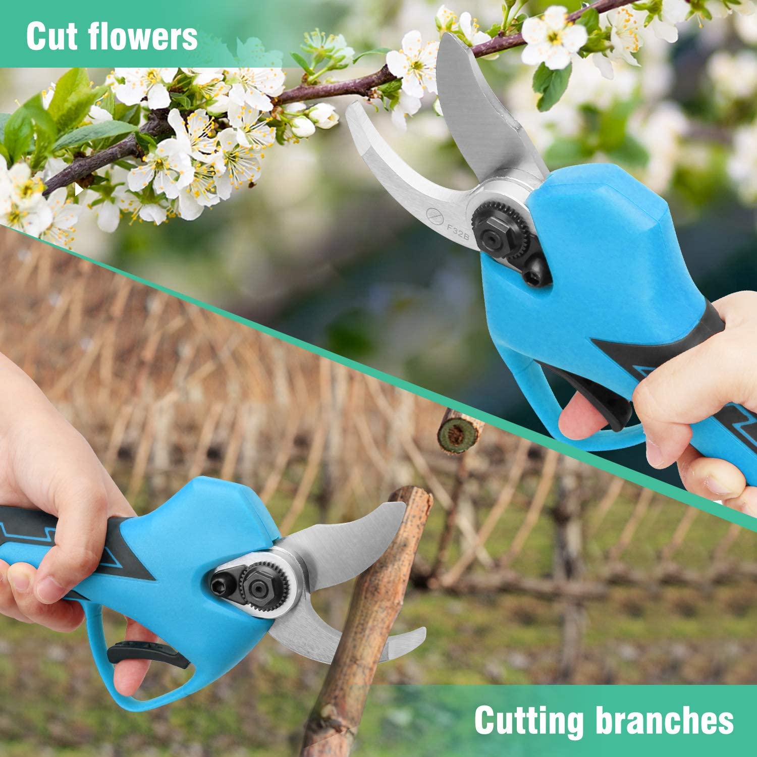 WONDER MASTER Cordless Pruner Professional Electric Pruning Shears Electric Pruner 2Pcs Backup Rechargeable 2Ah Lithium Battery Powered Tree Branch Pruner, 32mm (1.26 Inch) Cutting Diameter Blue