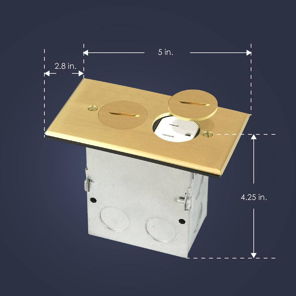 NEWHOUSE ELECTRIC Floor Box Kit with Screw Caps Electrical Box for Wood Sub-Flooring with 15A TR Duplex Receptacle Brass 9800BR