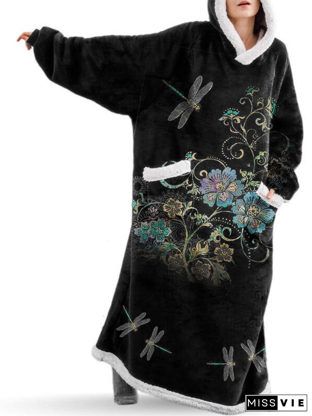 Retro Floral Dragonfly Print Fleece Oversize Blanket Long Hooded Pajamas Hoodie