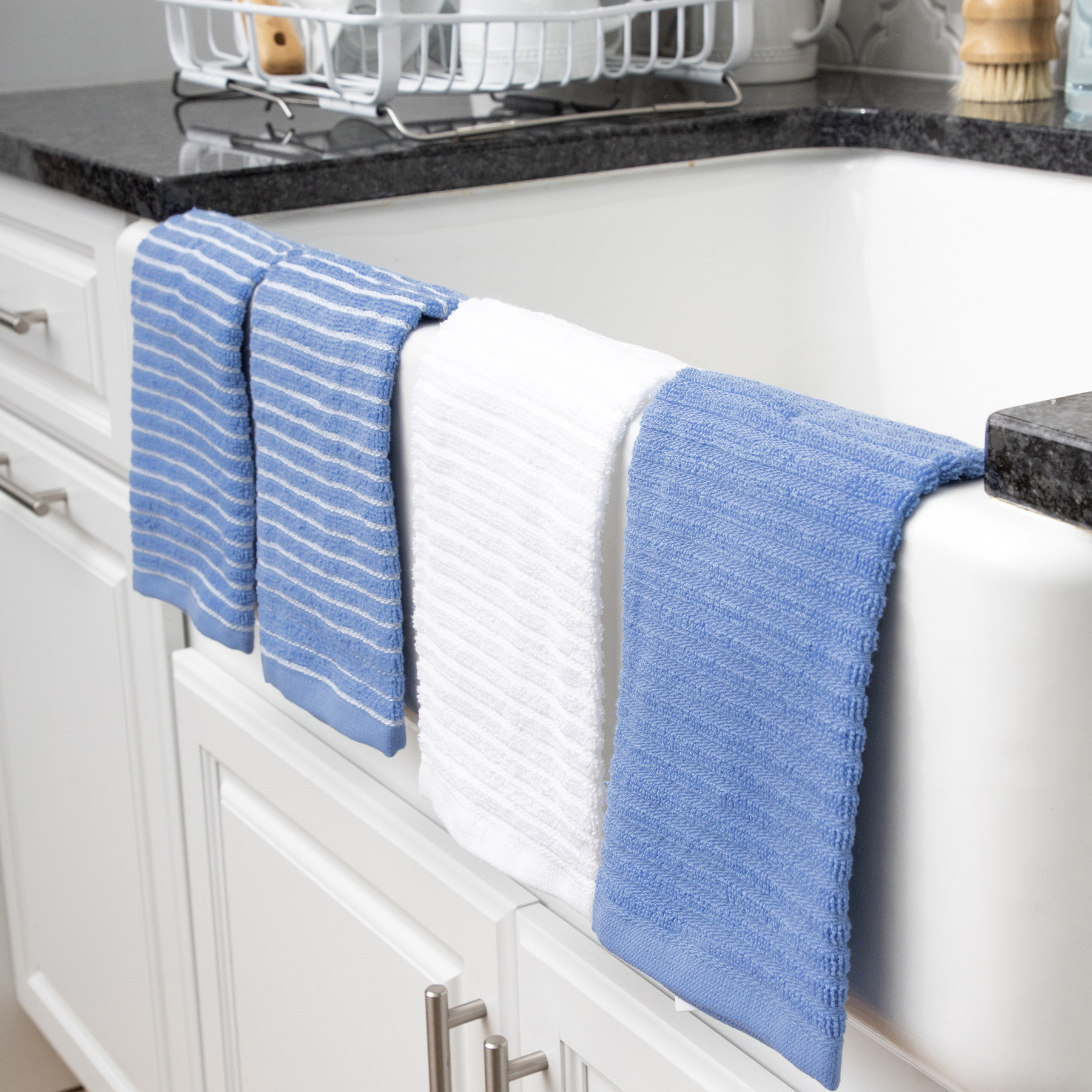 RITZ Cotton Terry Horizontal Stripe Bar Mop Kitchen Towel Set， 4-Pack， Light Blue， 16” x 18”