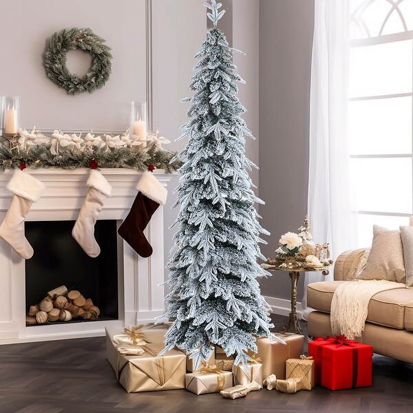 6.8Ft Pencil Slim Artificial SnowFlocked Christmas Tree