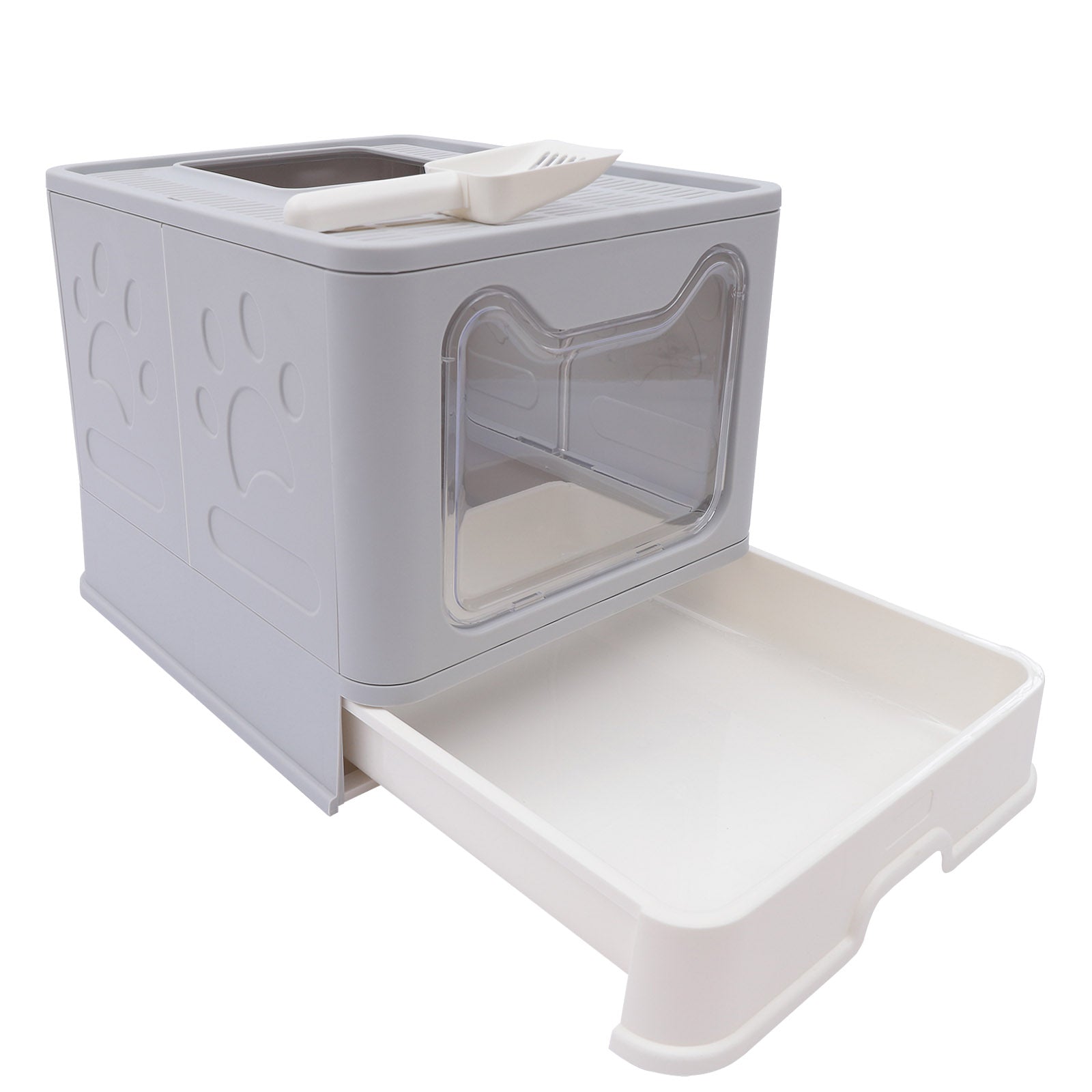 Miumaeov Foldable Cat Litter Box， Semi-enclosed Cat Litter Box with Bottom Drawer and Cat Litter Scoop (Grey)