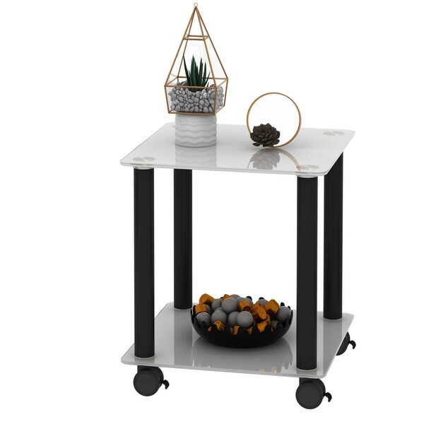 2-tiers Storage Sofa Table Rectangle Coffee Table with Metal Legs Side Table with Glass Tabletop End table with Wheels