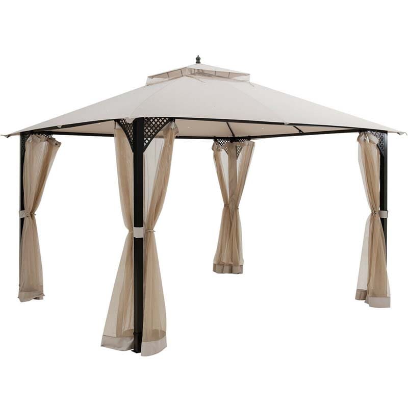 12 x 10 FT Patio Metal Gazebo with Netting & 2 Tier Roof, Heavy Duty Outdoor Canopy Gazebo Tent for Party