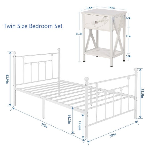 Taomika，（Set of 3）3-Pieces White Bedroom Set Platform Bed Frame and Modern Nightstand-2 - - 35026078