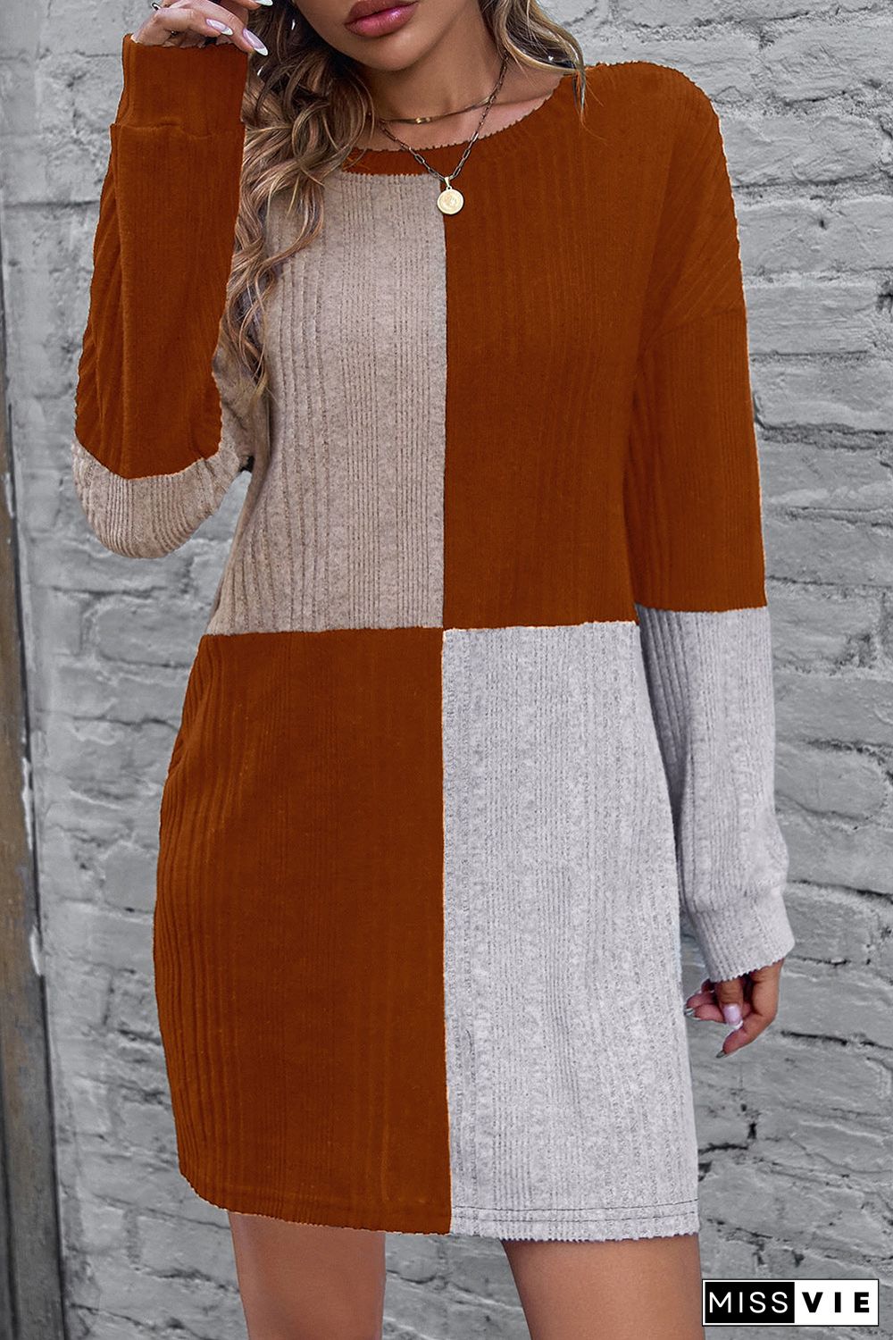 Ribbed Color Block Drop Shoulder Long Sleeve Mini Dress