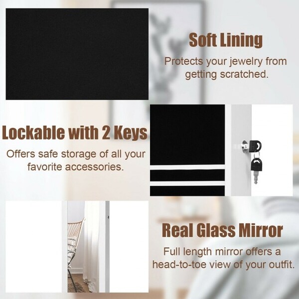 Lockable Wall Door Mounted Mirror Jewelry Cabinet with LED Lights - 14.5