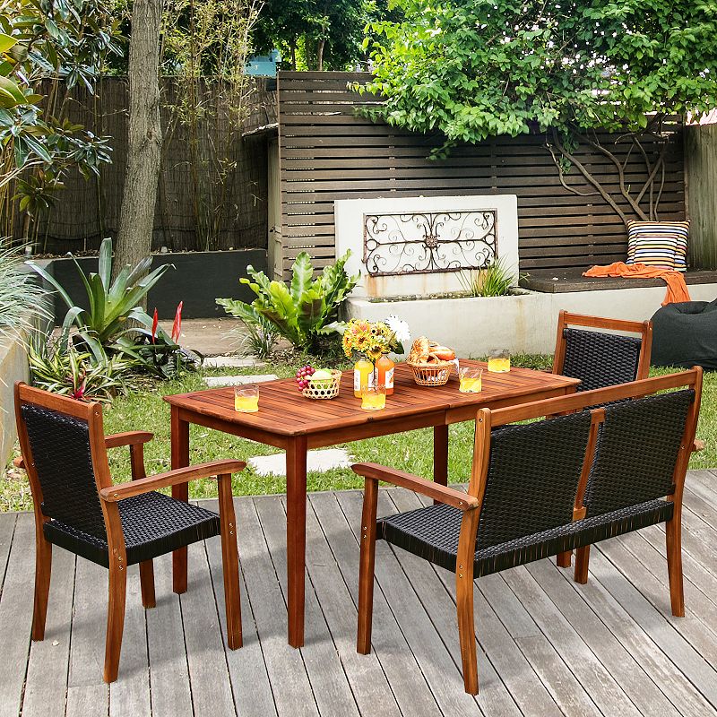 4 Pieces Acacia Wood Patio Rattan Dining Furniture Set