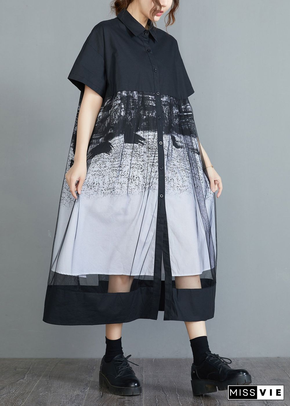 Style Black Peter Pan Collar Tulle Patchwork Cotton Maxi Dresses Short Sleeve