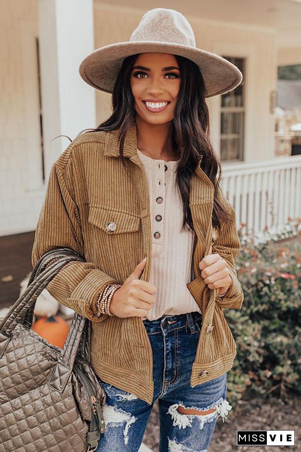 Khaki Ribbed Corduroy Long Sleeve Jacket with Pocket