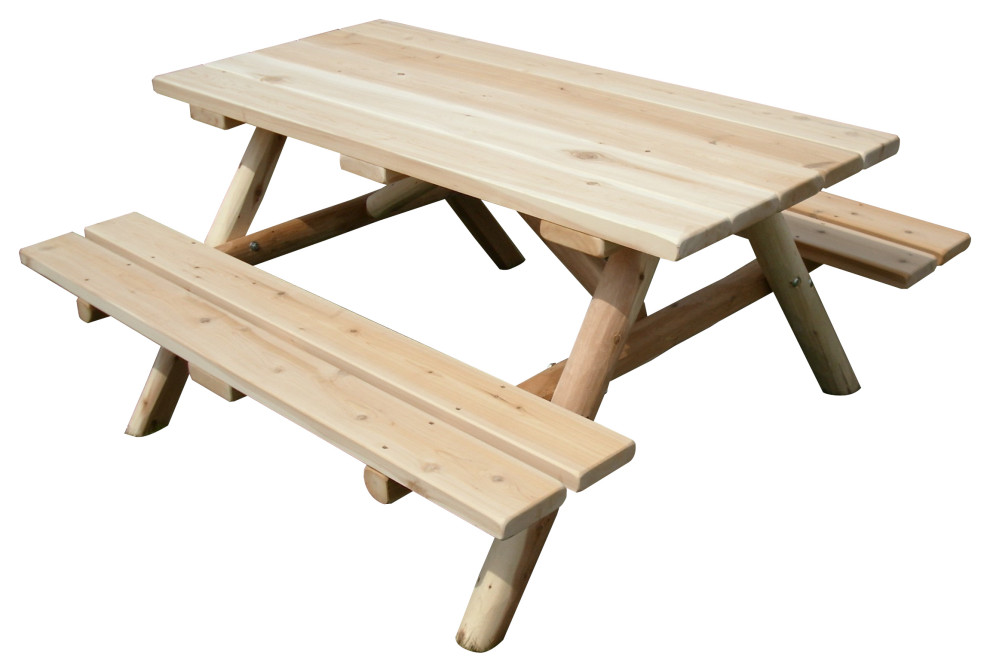 White Cedar Log Picnic Table with Attached Benches   Farmhouse   Outdoor Dining Tables   by Furniture Barn USA  Houzz