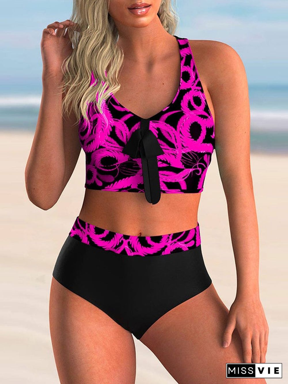 Women Off-shoulder V-neck Graphic Tankini Swimwear