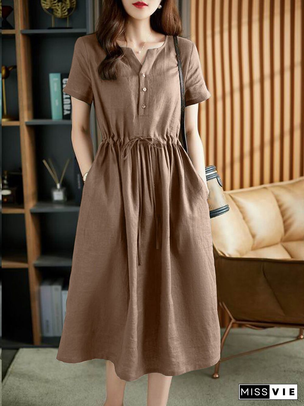 Solid Pocket Drawstring Waist Button Short Sleeve Dress