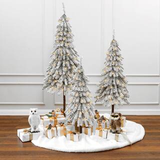 60 in. H 3-Piece Snow-Flocked Sweeping Branches Artificial Christmas Tree Set with Battery Operated Lights