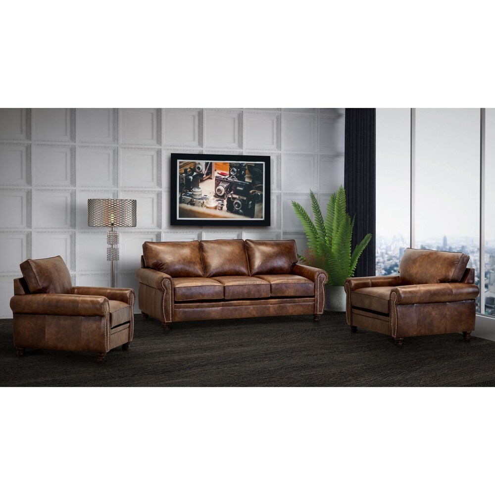 Cabot Brown Top Grain Leather Sofa and 2 Chair Set