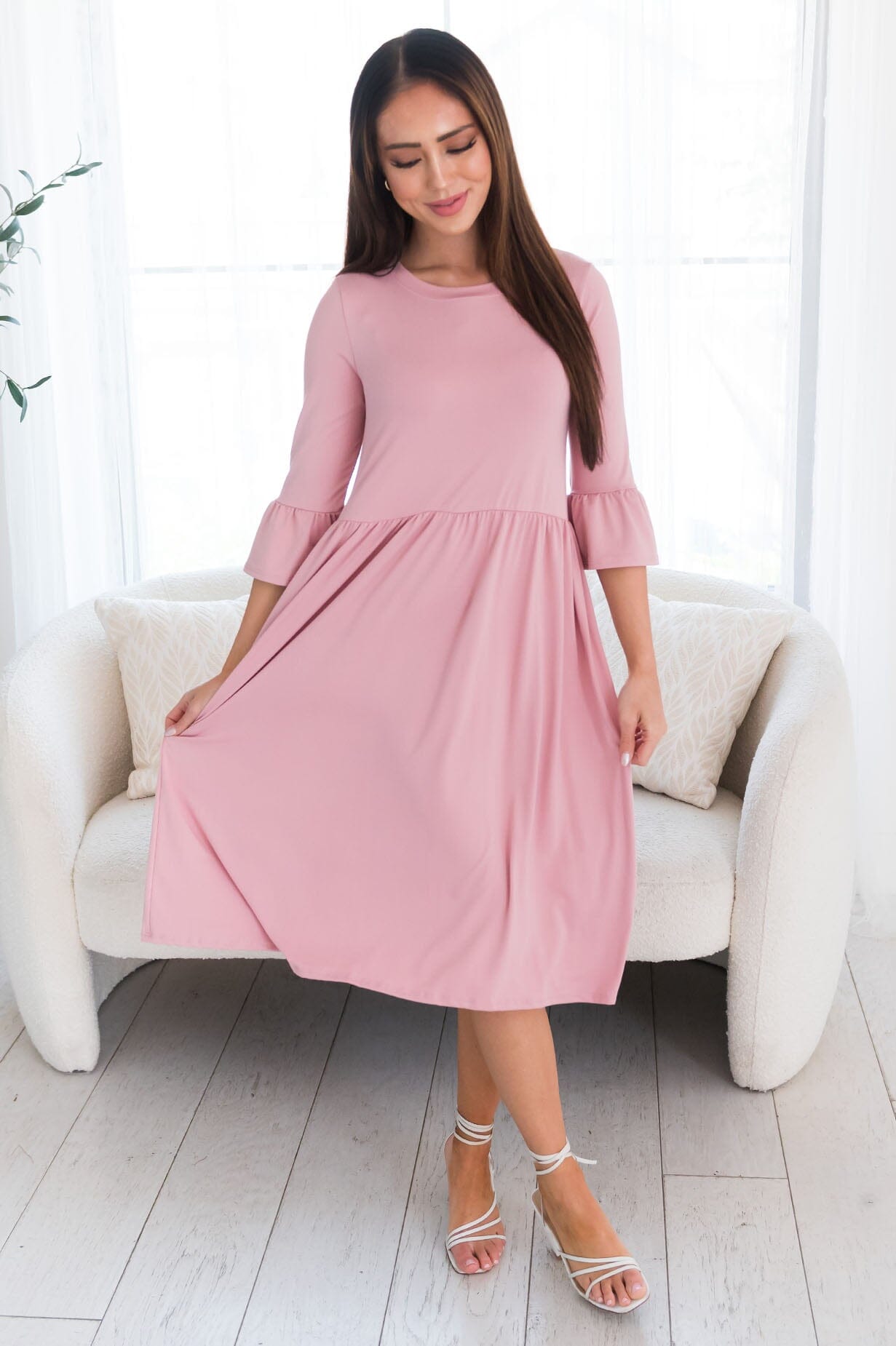 Zadie dusty pink bell-sleeved crew neck gown