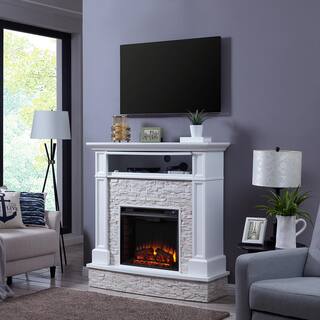 Southern Enterprises Johnna 48 in. Faux Stone Media Electric Fireplace in White HD685205