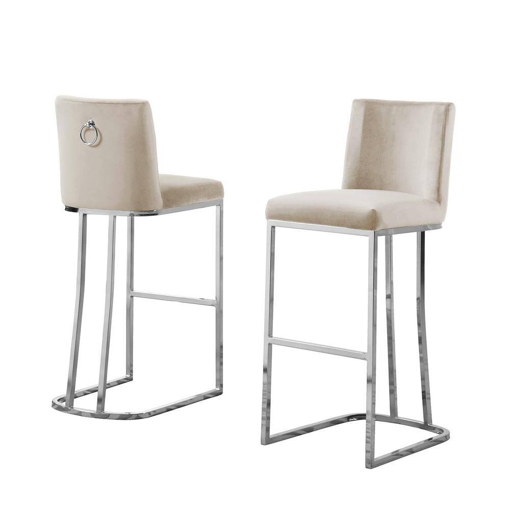 Best Quality Furniture Erin 29 in. H Cream Low Back Bar Stool Chair With Silver Chrome Base and Back Ring With Velvet Fabric (Set of 2) BS107