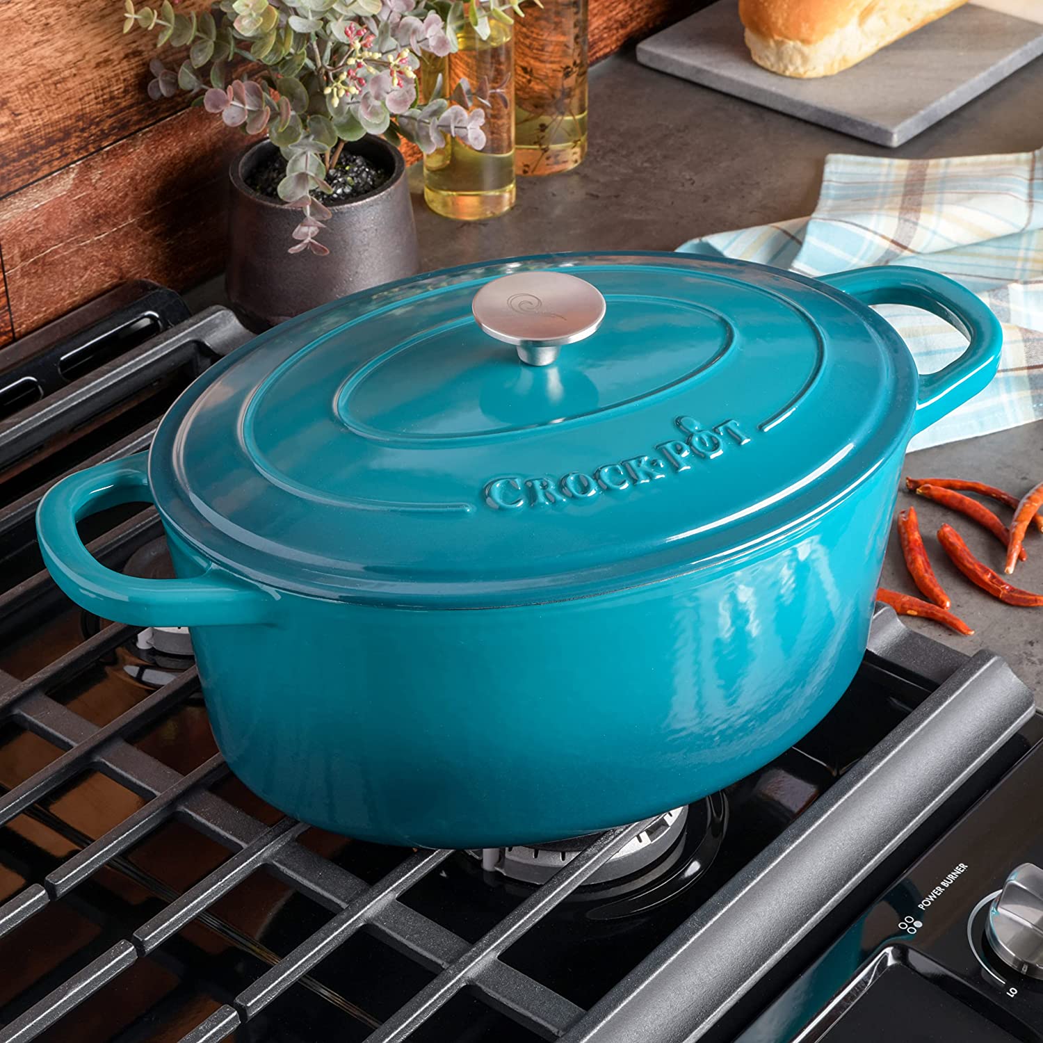 Crock-Pot 109475.02 Artisan Oval Enameled Cast Iron Dutch Oven， 7-Quart， Teal Ombre