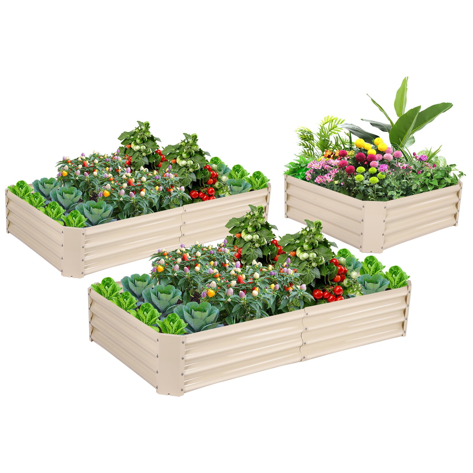 Tramull Galvanized Raised Garden Bed Rectangular Metal Corrugated Planter Box Kit Outdoor for Vegetables Flowers Herbs, Adjustable for Different Combinations, 2 Packs or 3 Packs, Light Ivory, 12"Tall