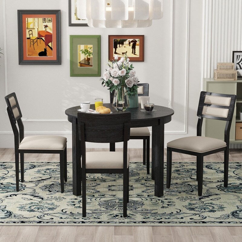 Farmhouse Style 5 Piece Multifunctional Dining Set with Extendable Round Table  Two Drawers and 4 Upholstered Dining Chairs