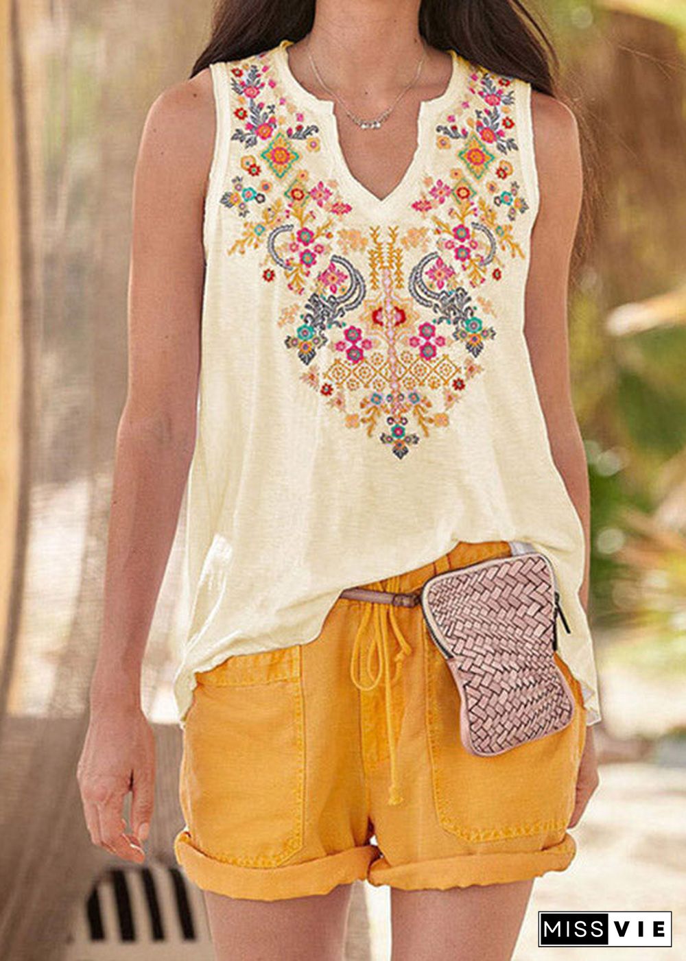 Casual Light Yellow Ethnic Style Top Womens T Shirt Vest