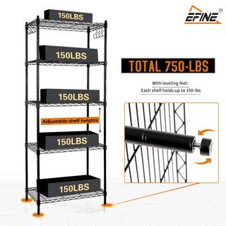 EFINE Black 5-Tier Carbon Steel Wire Garage Storage Shelving Unit with 8 Hooks (2-Pack) (23.6 in. W x 59 in. H x 14 in. D) RL100-5X2