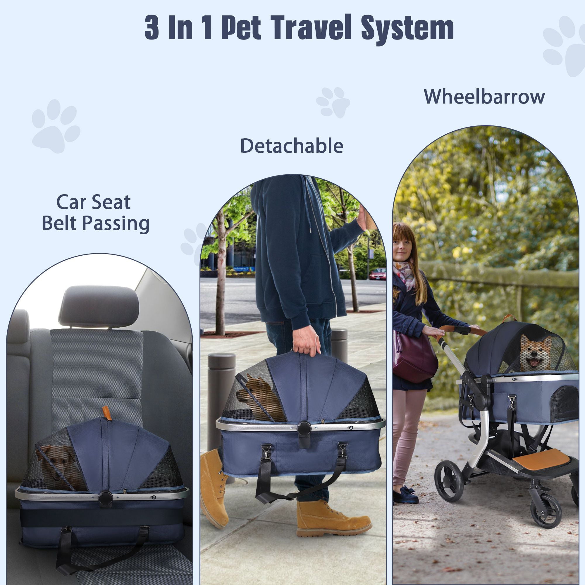 3 in 1 Multifunction Pet Stroller for Small Medium Dogs and Cats， Dog Stroller with Detachable Carrier and Cup Holder，4 Wheels Travel Foldable Aluminum Alloy Frame Up to 33 lbs，Blue