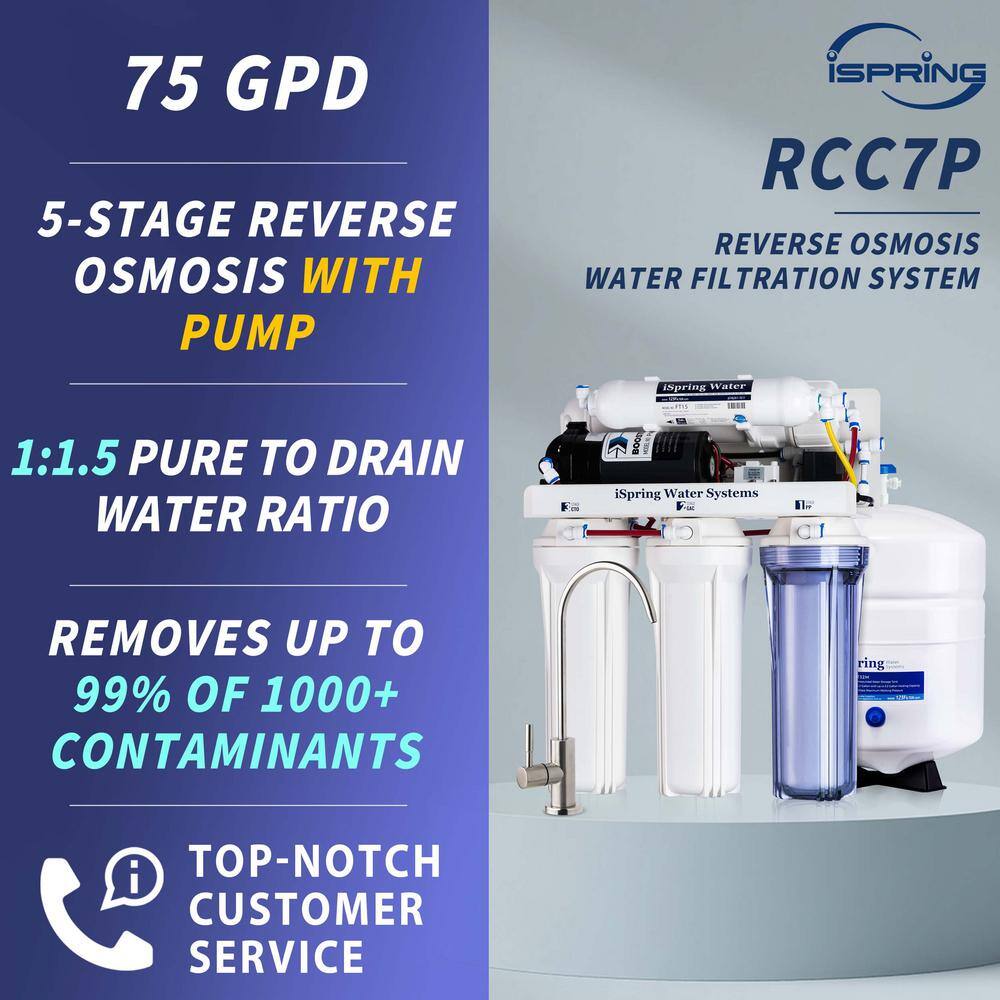 ISPRING Maximum Performance Under Sink Reverse Osmosis Drinking Water Filtration System with Booster Pump RCC7P