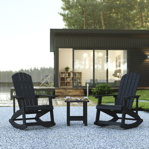 Set of 2 Savannah Commercial Grade All-Weather Poly Resin Wood Adirondack Rocking Chairs with Side Table in Black