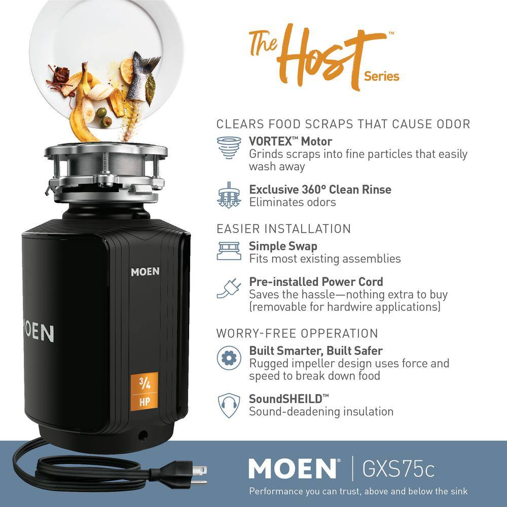 MOEN Host Series 34 HP Space Saving Continuous Feed Garbage Disposal with Sound Reduction and Universal Mount GXS75C