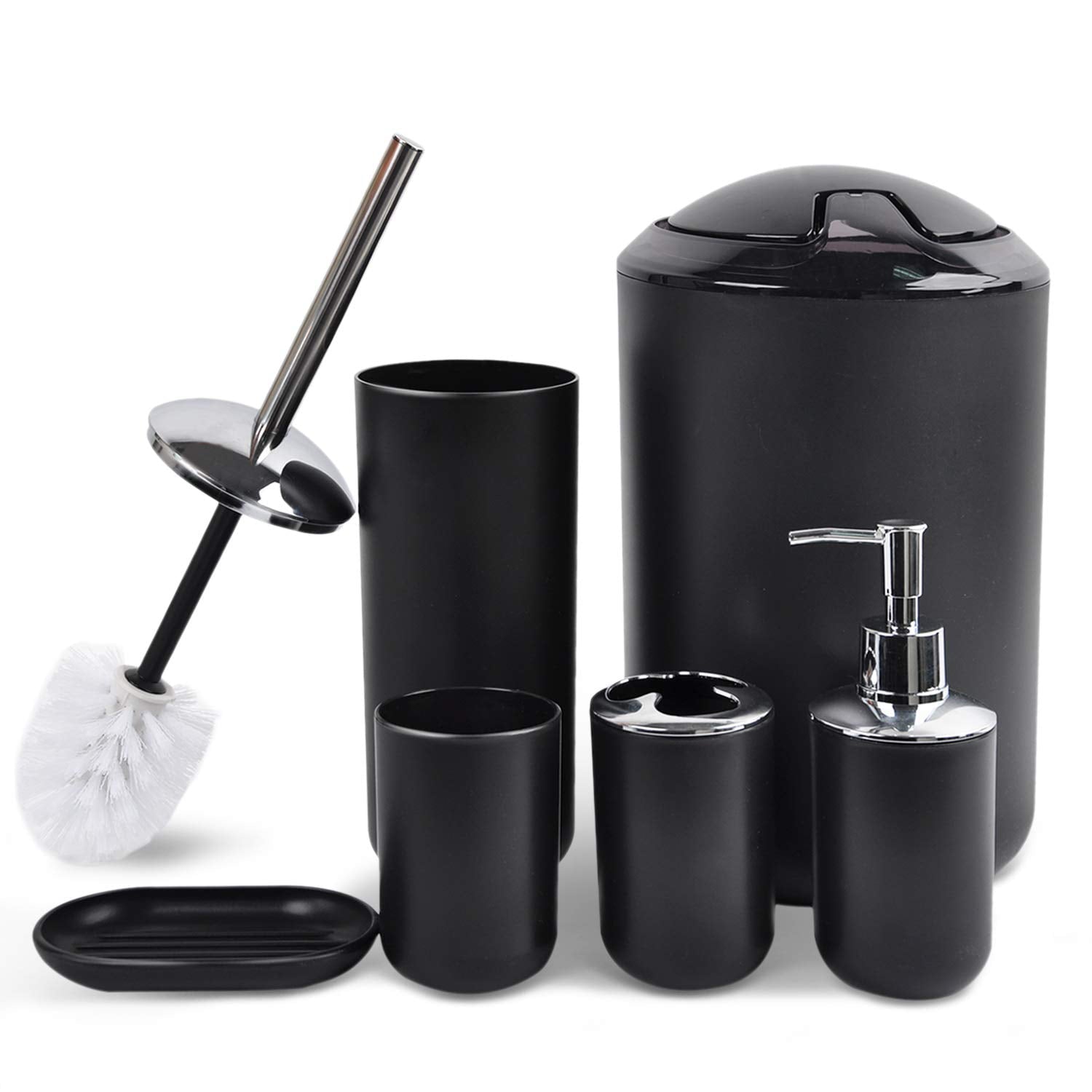 Bathroom Accessories Set 6 Piece Bath Ensemble with Smooth Surface Includes Soap Dispenser， Toothbrush Holder， Toothbrush Cup， Soap Dish for Decorative Countertop and Housewarming Gift， Black