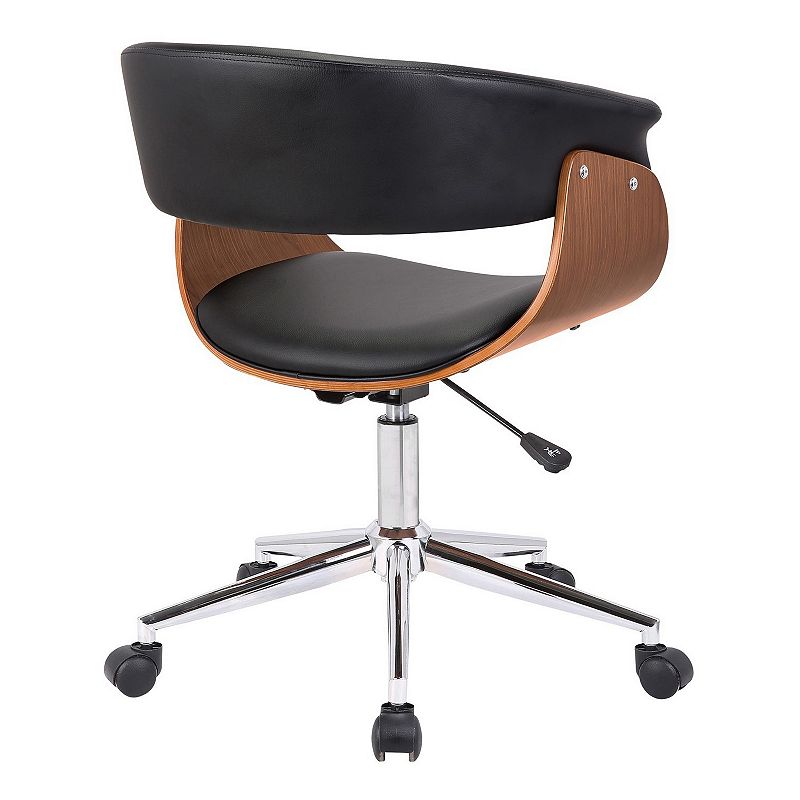 Curved Faux Leather Office Chair with Wooden Support and Star base， Black