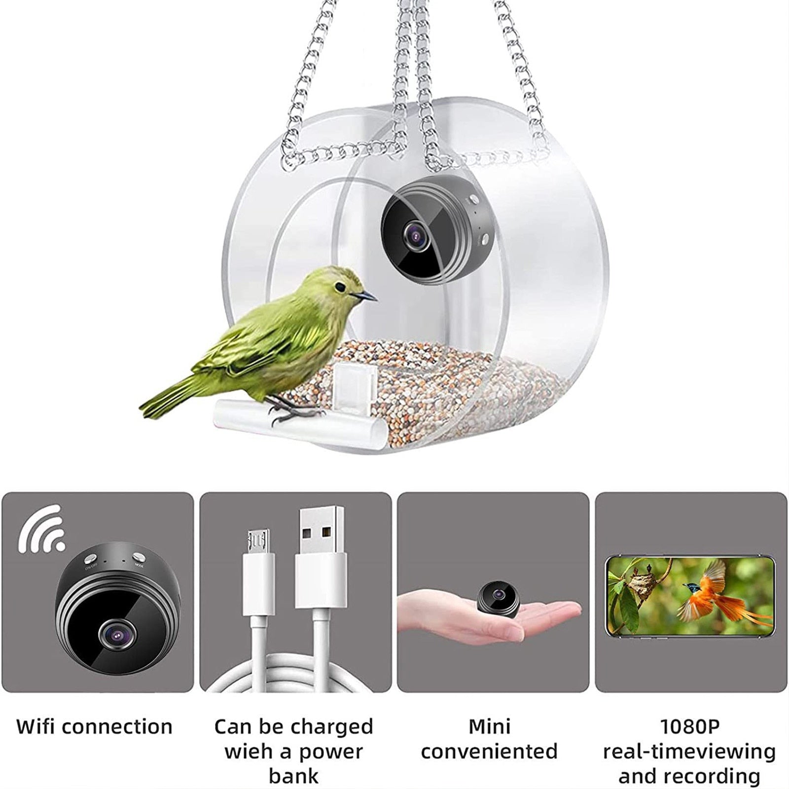 Bird Feeder with Camera HD 1080P Night Version Camera WiFi Remote Connection to Mobile Phone for Family， Outdoor Bird Watching Photos Bird Lovers