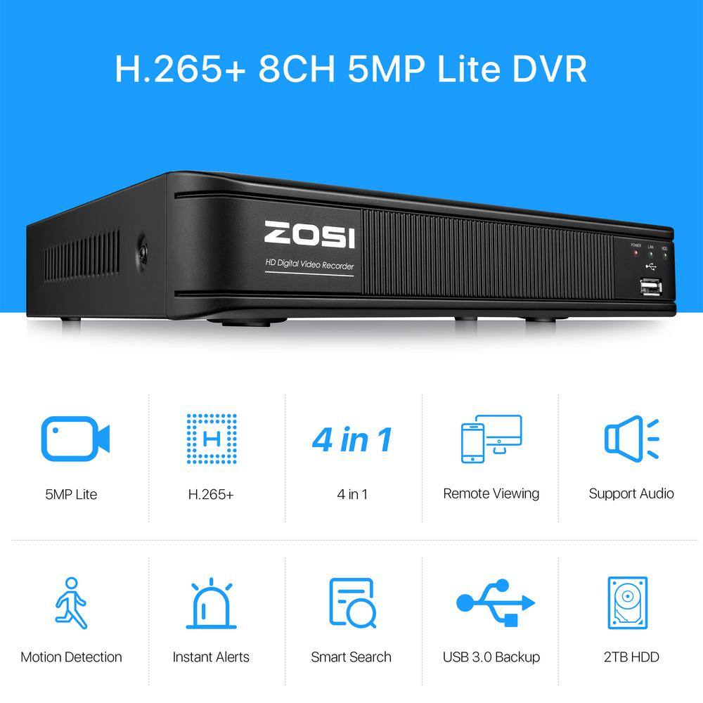 ZOSI 8-Channel 5MP-Lite 2TB DVR Surveillance System with 8 1080p Wired Bullet Cameras 80 ft. Night Vision 8VM-106W8S-20-US