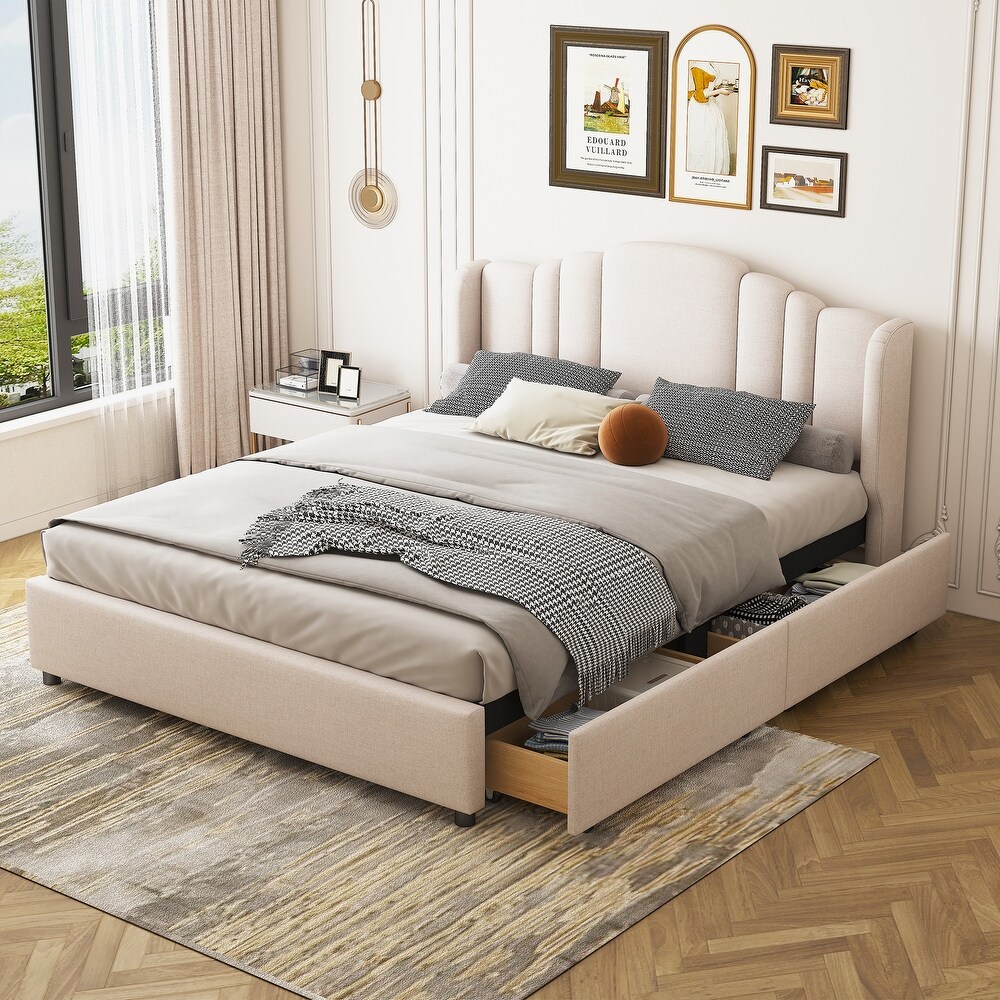 Linen Fabric Upholstered Platform Bed with Wingback Headboard and 4 Drawers