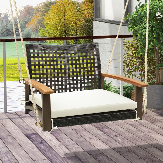 Tangkula Rattan Porch Swing Patio Wicker Single Hanging Seat W Seat Cushion amp Acacia Wood Armrests