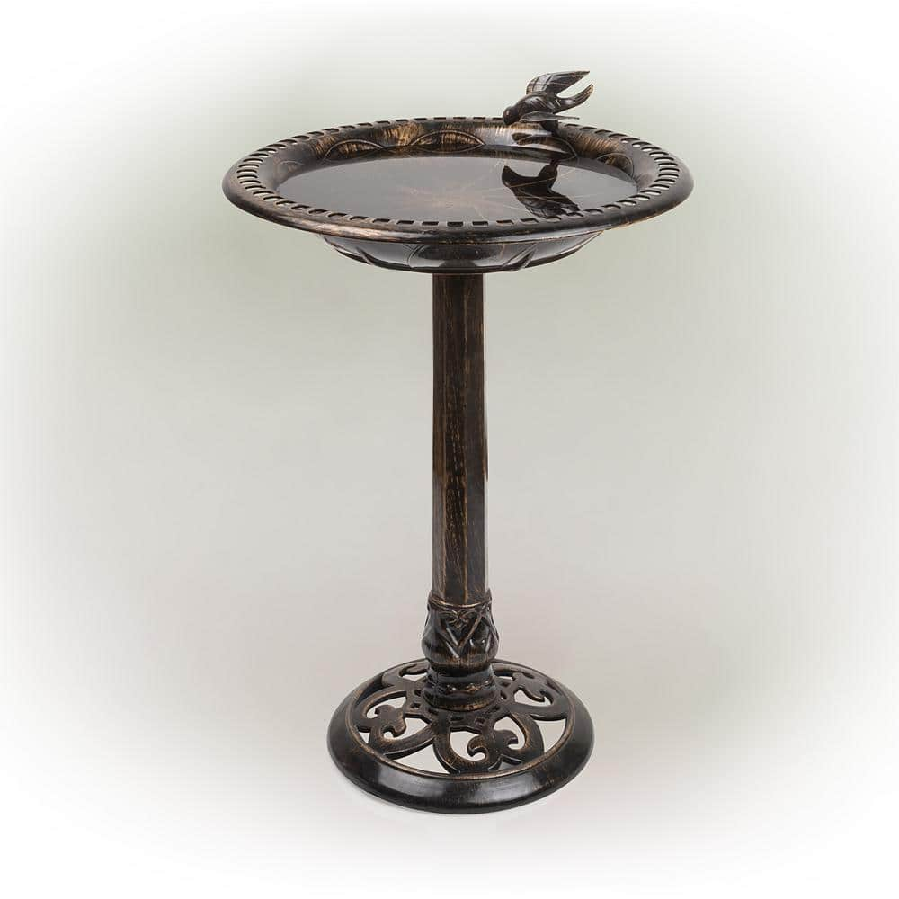 Alpine Corporation 27 in. Tall Outdoor Antique Style Bronze Birdbath Bowl with Bird Figurine TEC294BZ