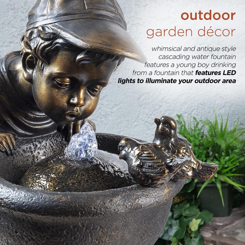 Alpine Corporation 27 in. Tall Indoor/Outdoor Boy Drinking From Water Fountain with LED Lights, Bronze GXT740