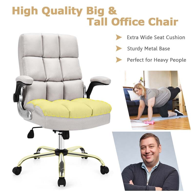 Linen Fabric Thick Padding Big & Tall Executive Office Chair with Flip-up Armrest, Swivel High Back Computer Desk Chair