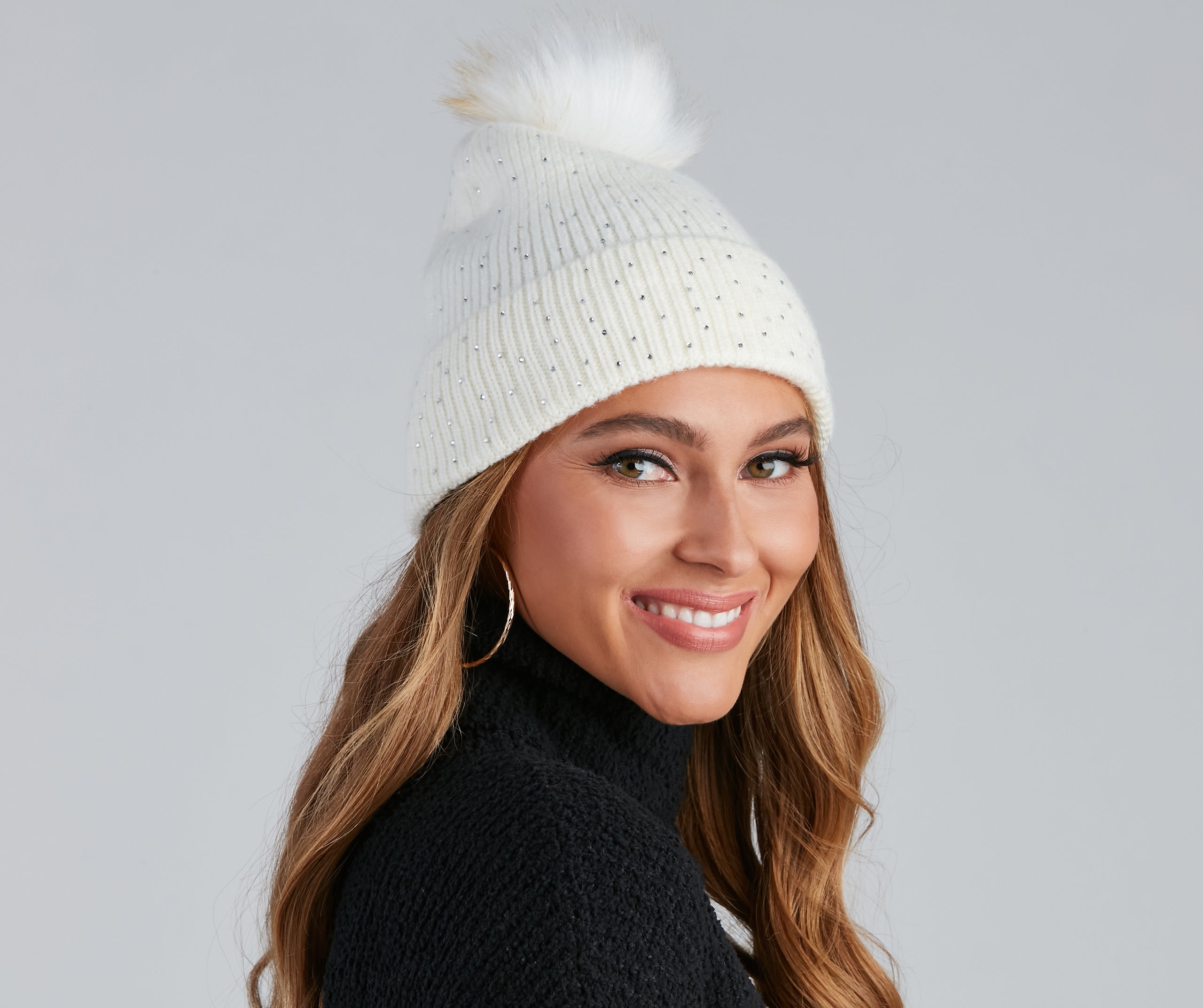 Winter Beauty Rhinestone Pom Beanie