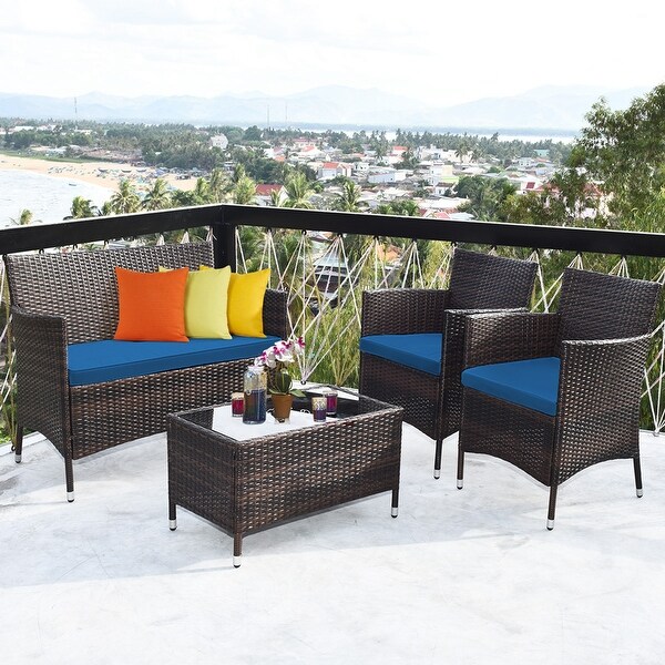 Costway 4PCS Rattan Patio Furniture Set Cushioned Sofa Chair Coffee