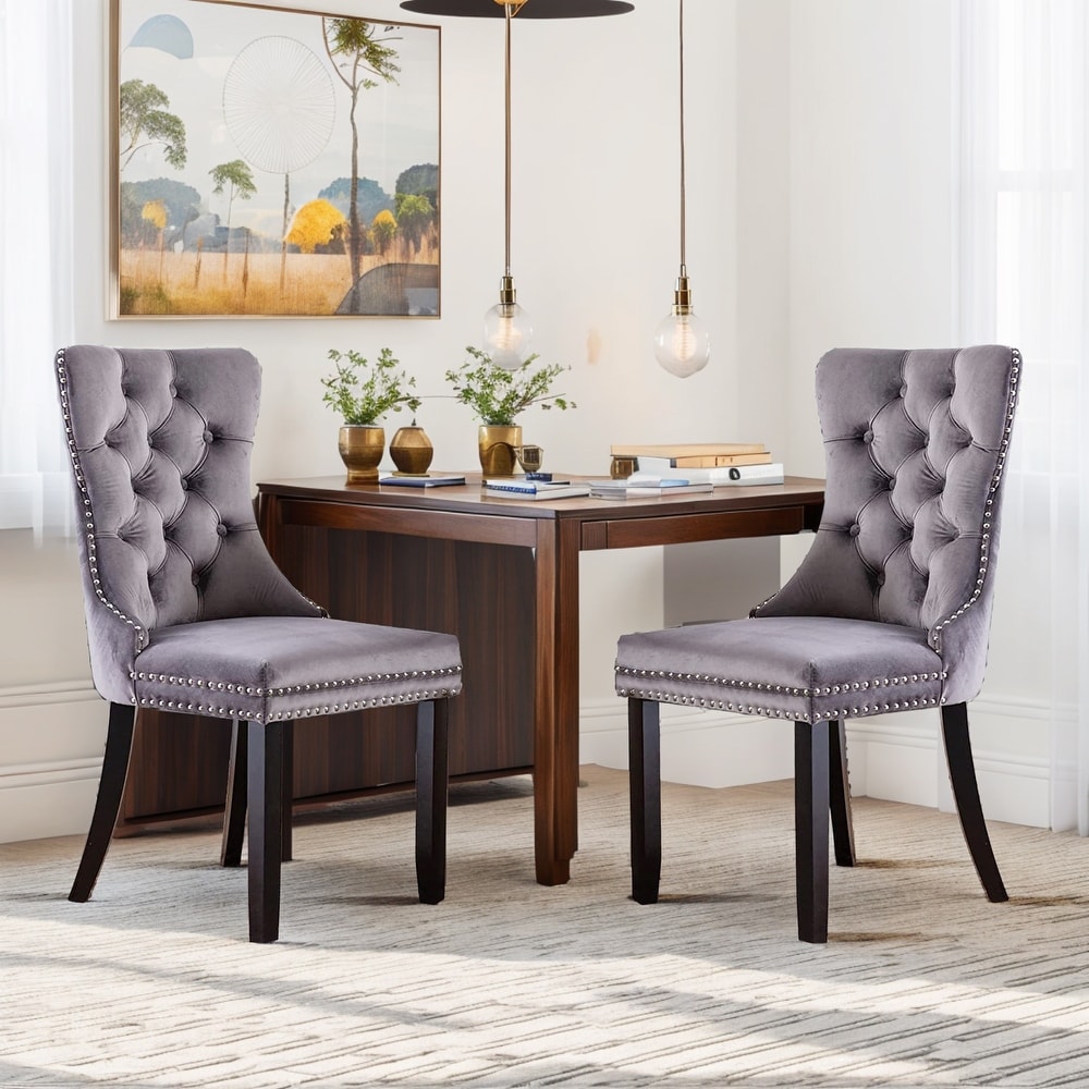 Set of 2 Velvet Dining Chairs Tufted Solid Wood Armless Chairs Accent Chair with Nailhead Trim and Back Ring Pull