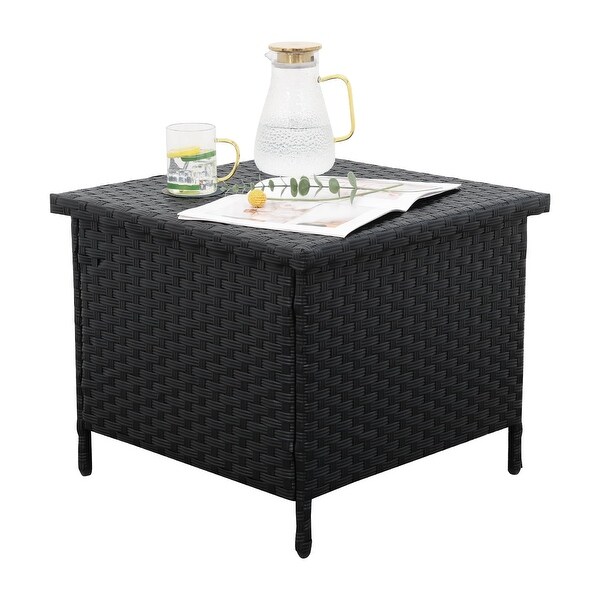 Outdoor PE Wicker Side Table with Storage Patio End Table Resin Rattan Storage Table for Garden Backyard Porch Poolside