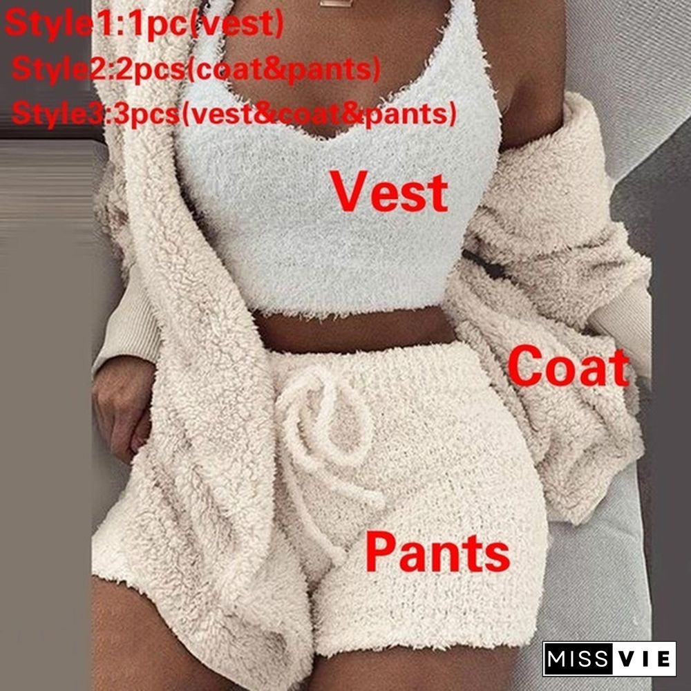 Women Fashion Winter Plush Casual Sportswear Long Sleeve Crop Top Shirt Shorts Suit(1pc Vest or 2pcs Coat+Pants or 3pcs Vest+Coat+Pants)